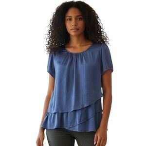 Hazel Medium Blue-Gray Short Sleeve Tiered Blouse Office Professional Neutral